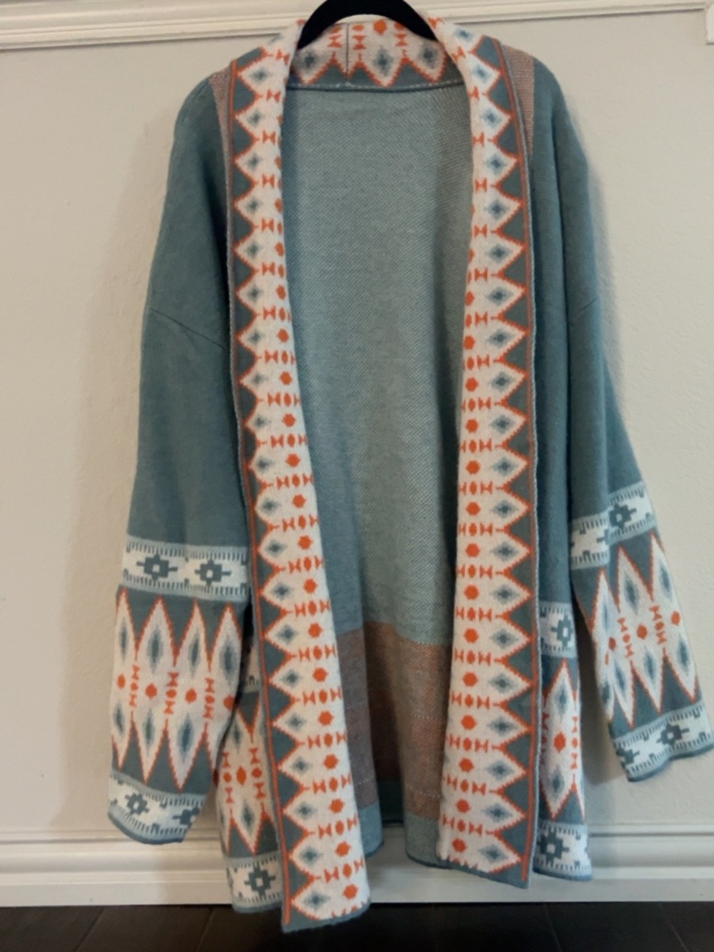 Southwestern Aztec Open Front Long Cardigan Blue Rust Cream